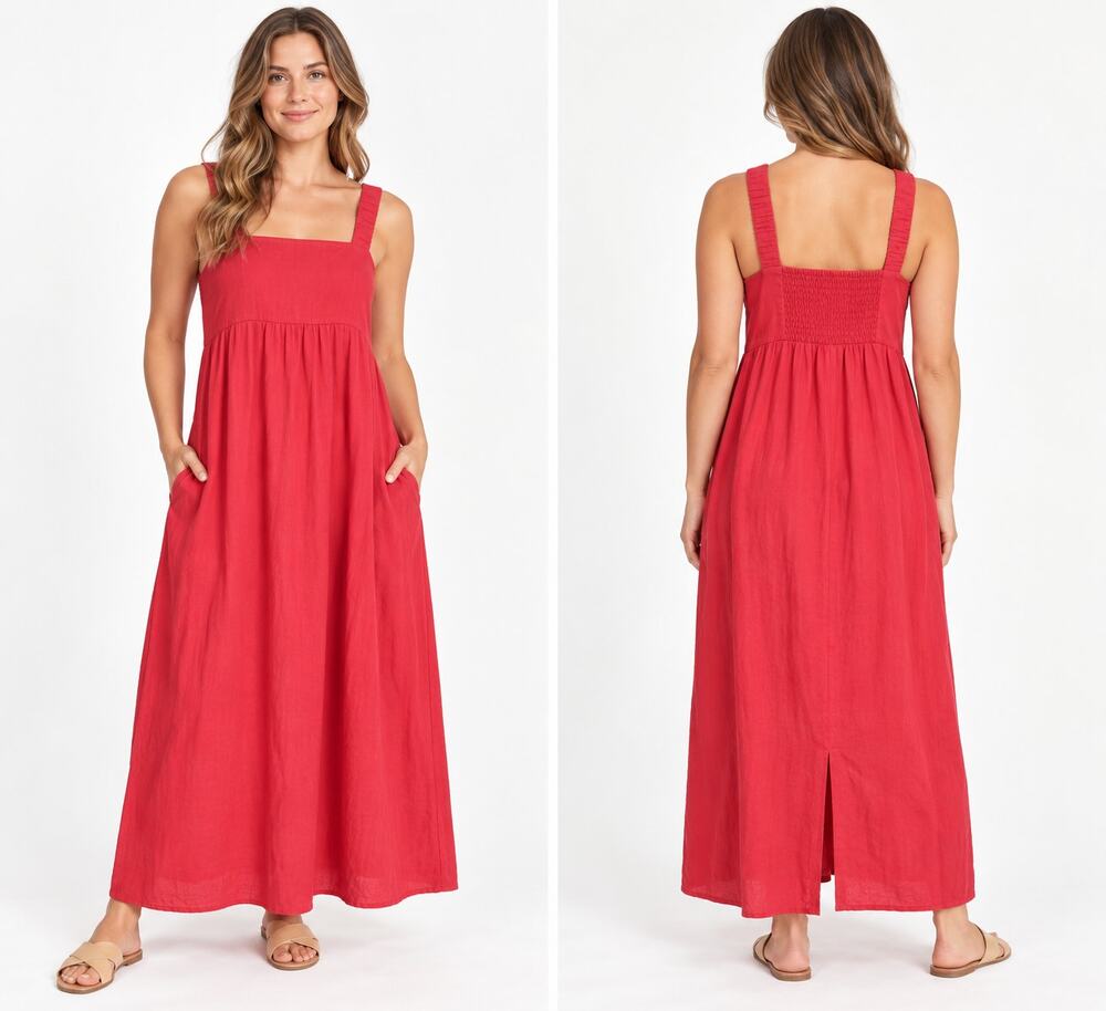 Pact Canopy Linen Blend Maxi Tank Dress L Coral Red Smocked Square Neck